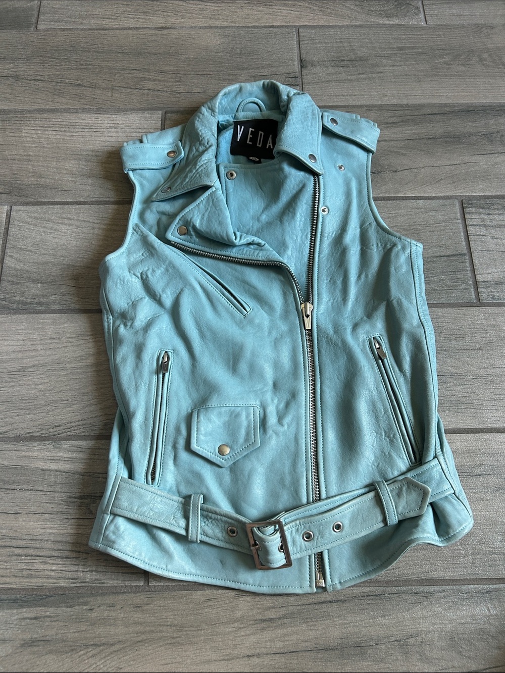 Veda Light Blue Leather Sleeveless Moto Vest